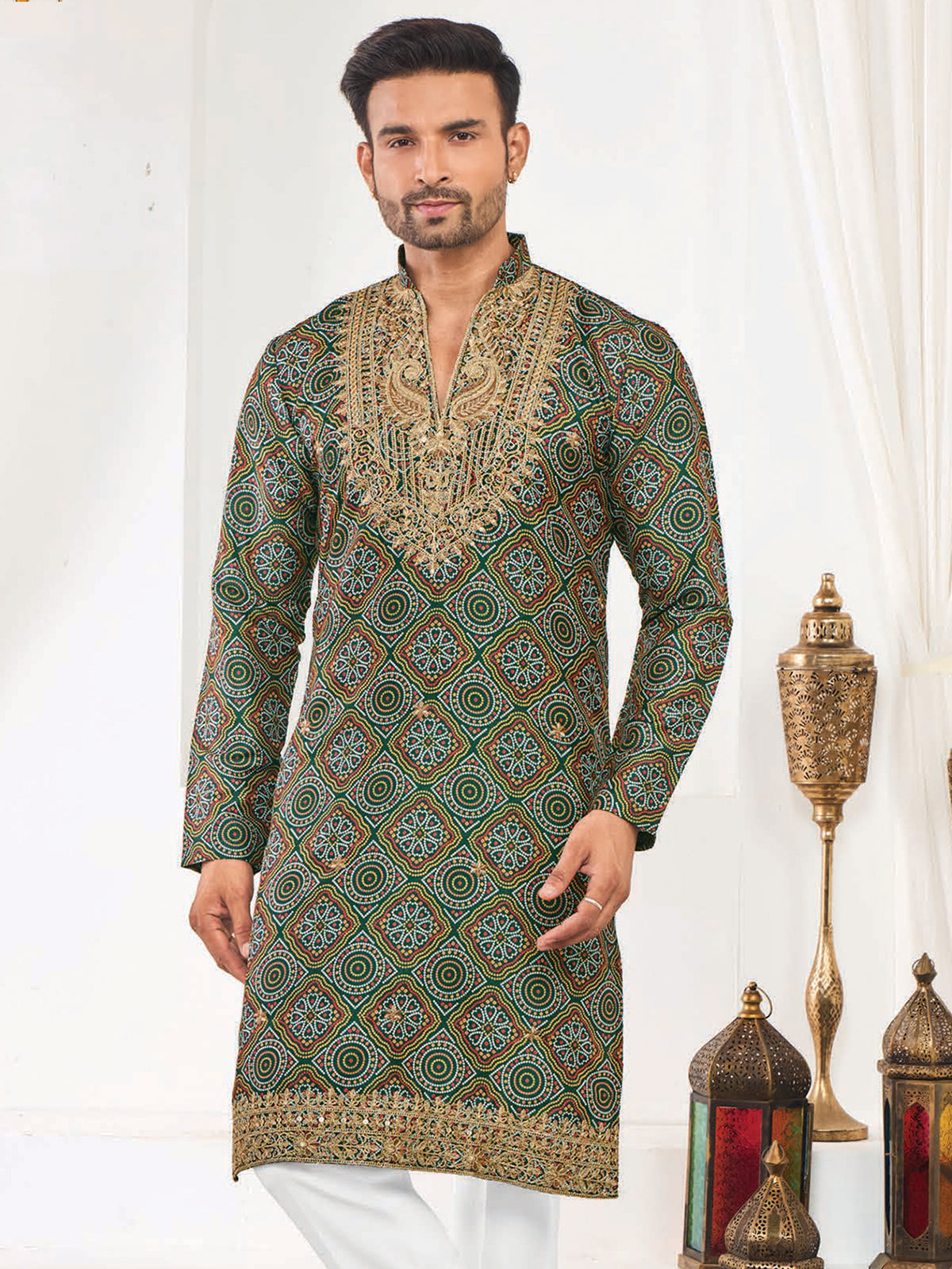 Green Designer Silk Kurta with Golden Work