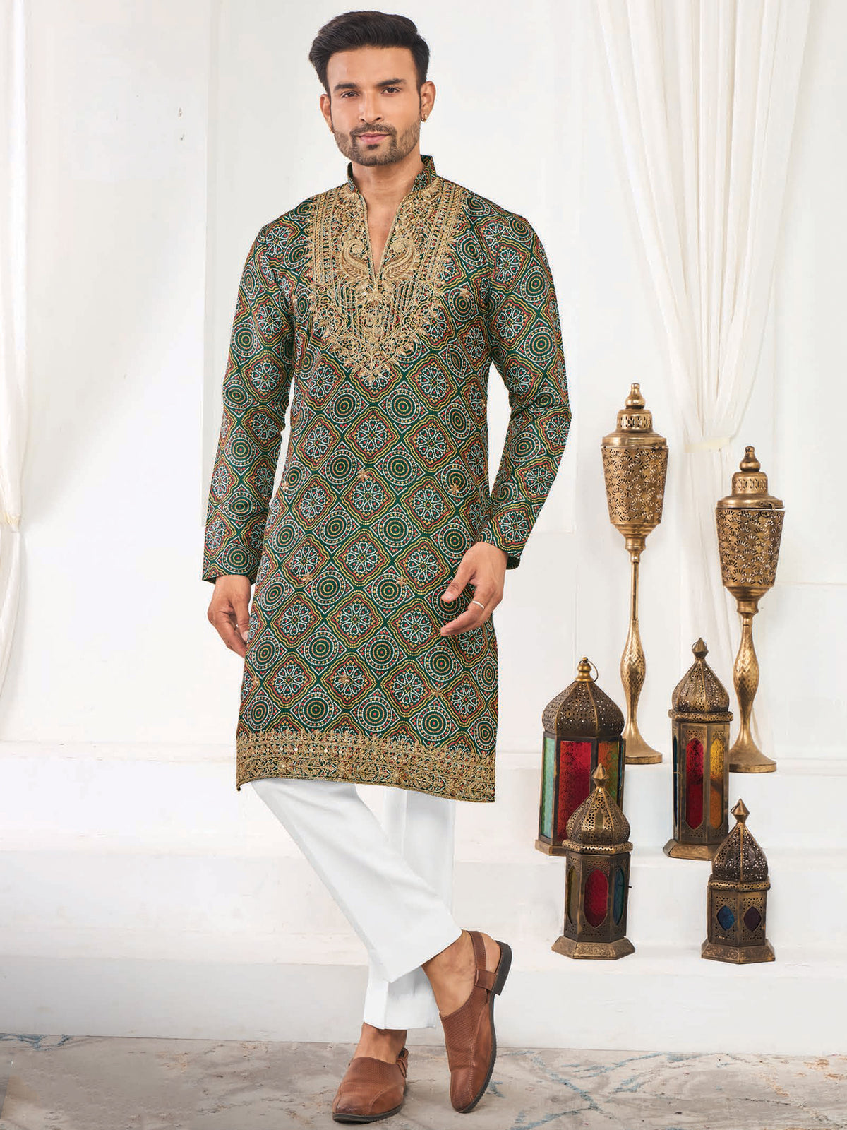 Green Designer Silk Kurta with Golden Work