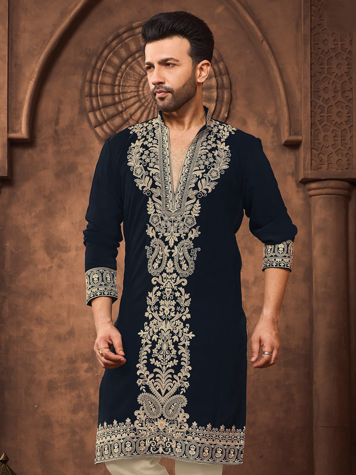 Navy Blue Golden Work Silk Kurta Set