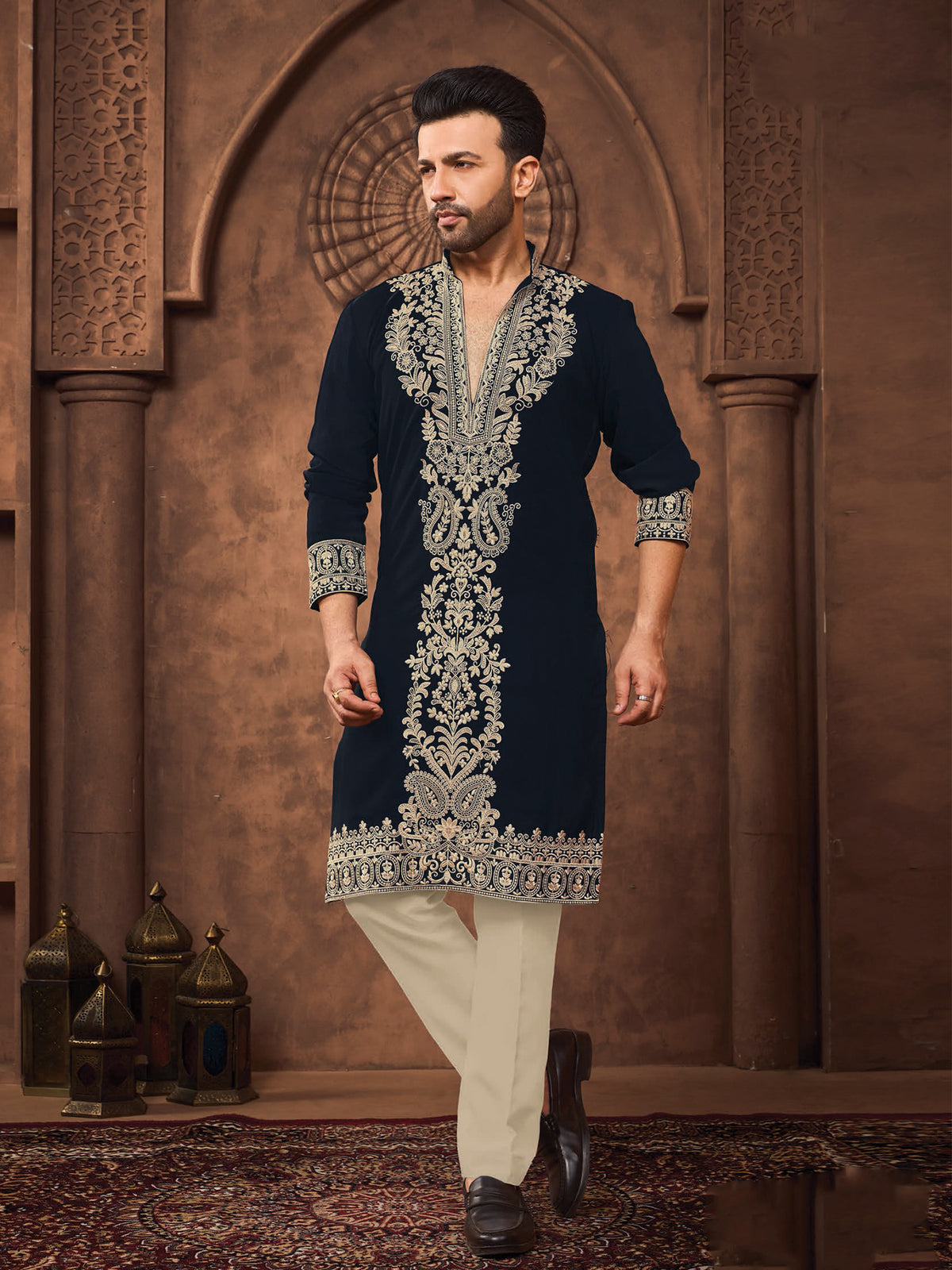 Navy Blue Golden Work Silk Kurta Set