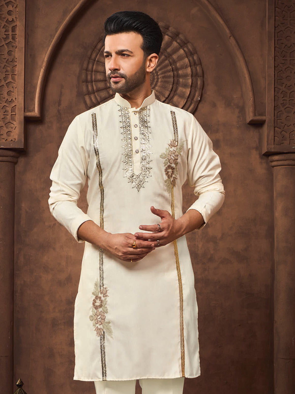 Cream Designer Silk Kurta with Golden Details