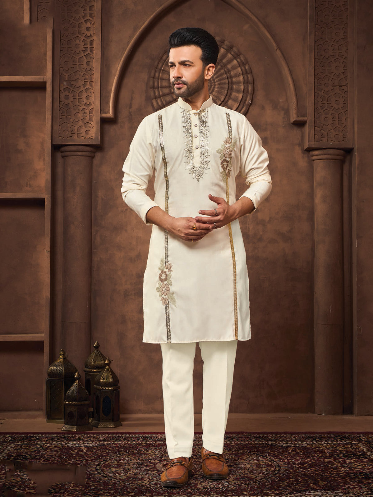 Cream Designer Silk Kurta with Golden Details