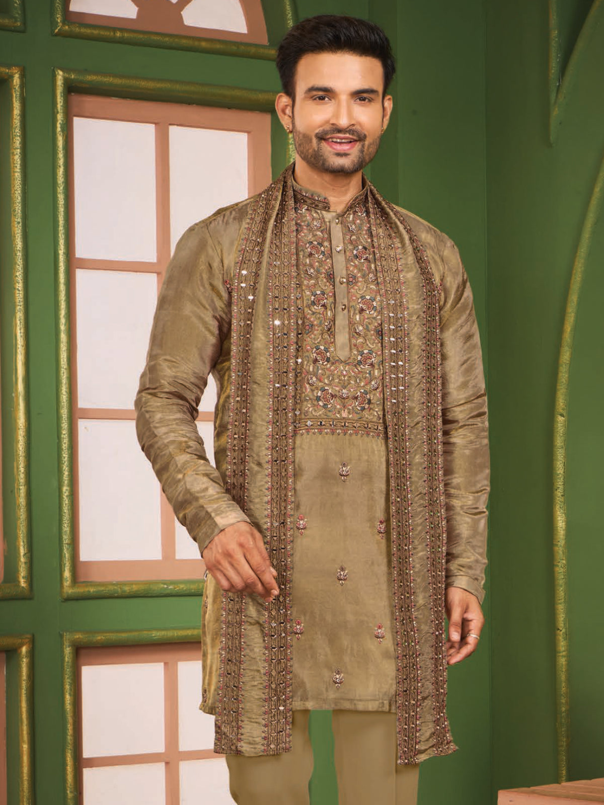 Olive Floral Work Festive Kurta Pajama