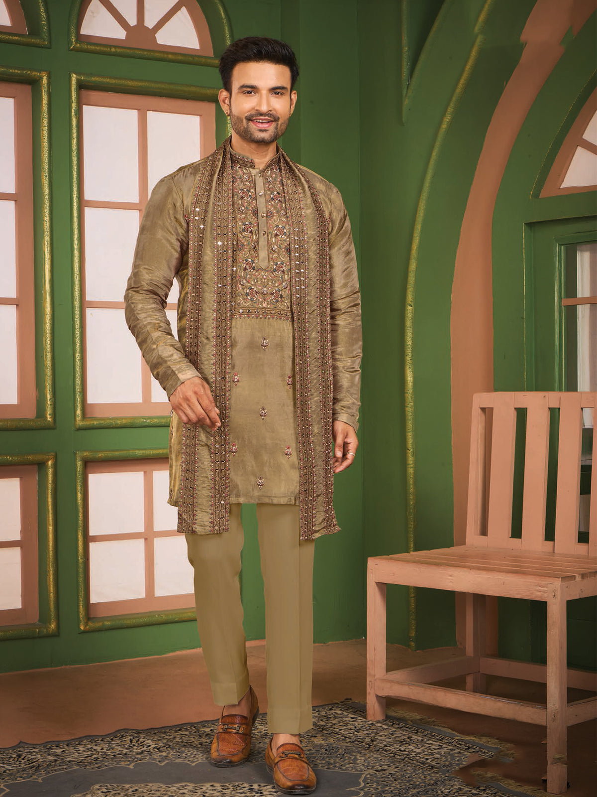 Olive Floral Work Festive Kurta Pajama