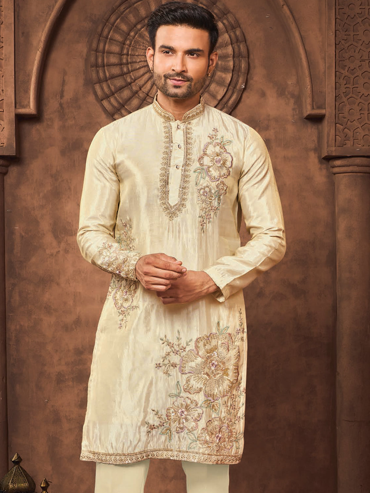 Cream Silk Kurta Pajama with Botanical Motifs