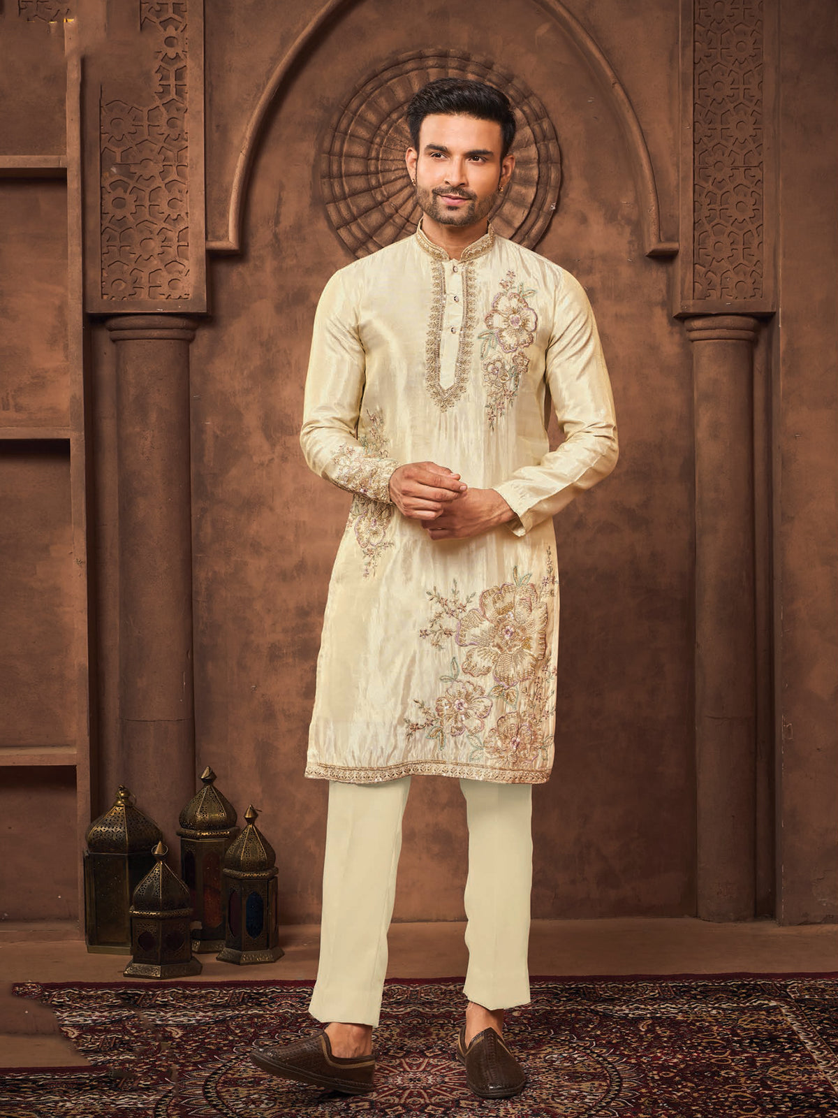 Cream Silk Kurta Pajama with Botanical Motifs