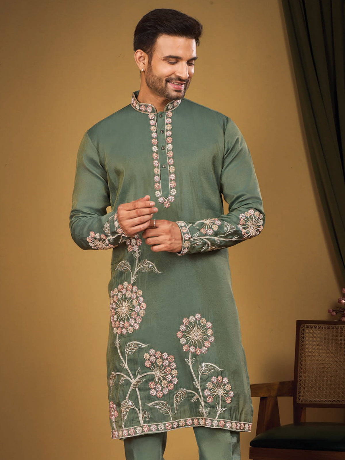 Green Designer Silk Kurta Pajama