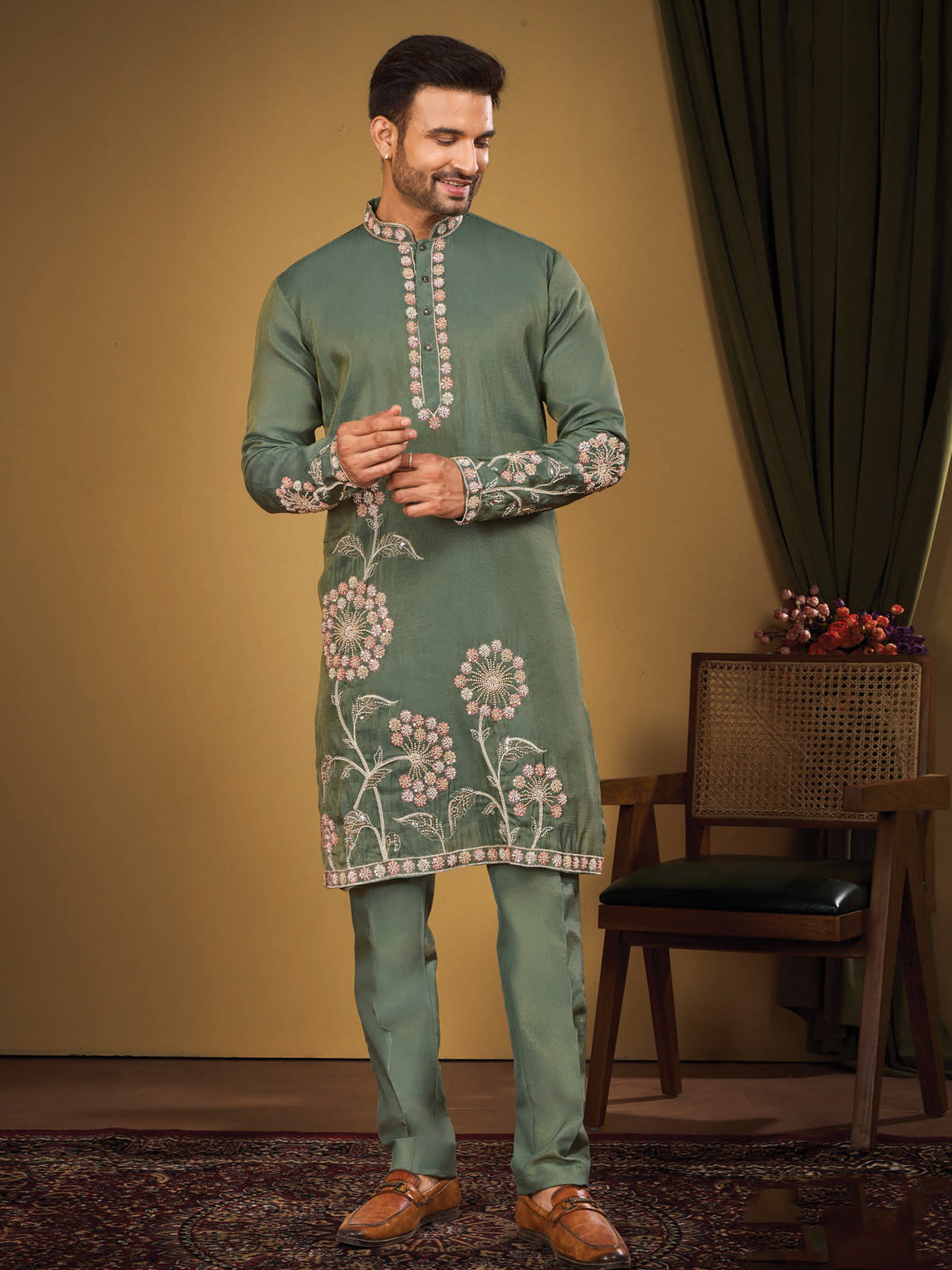 Green Designer Silk Kurta Pajama