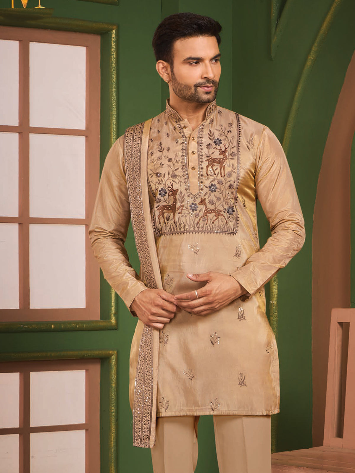 Beige Festive Embroidered Kurta Trouser Set