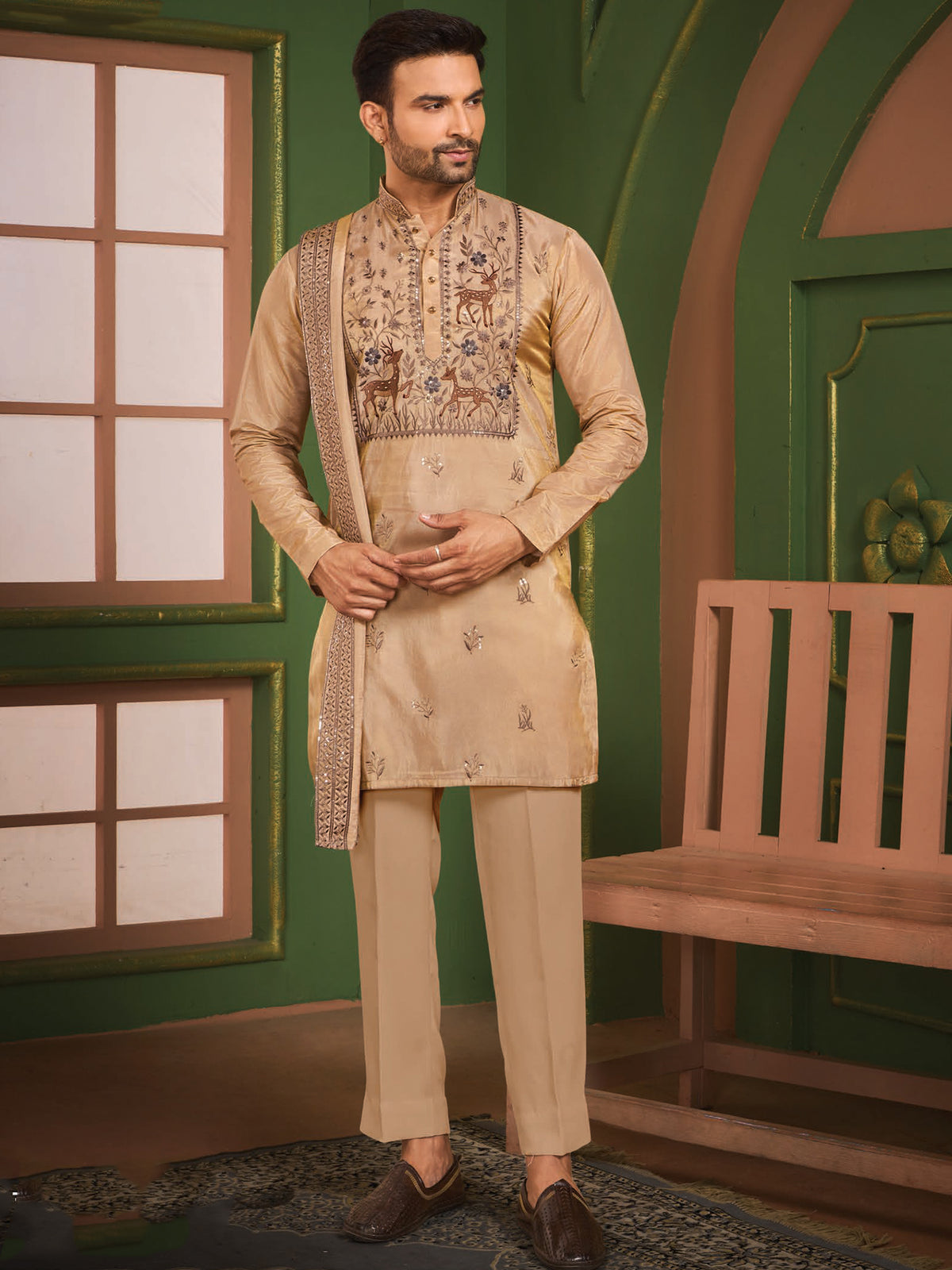 Beige Festive Embroidered Kurta Trouser Set