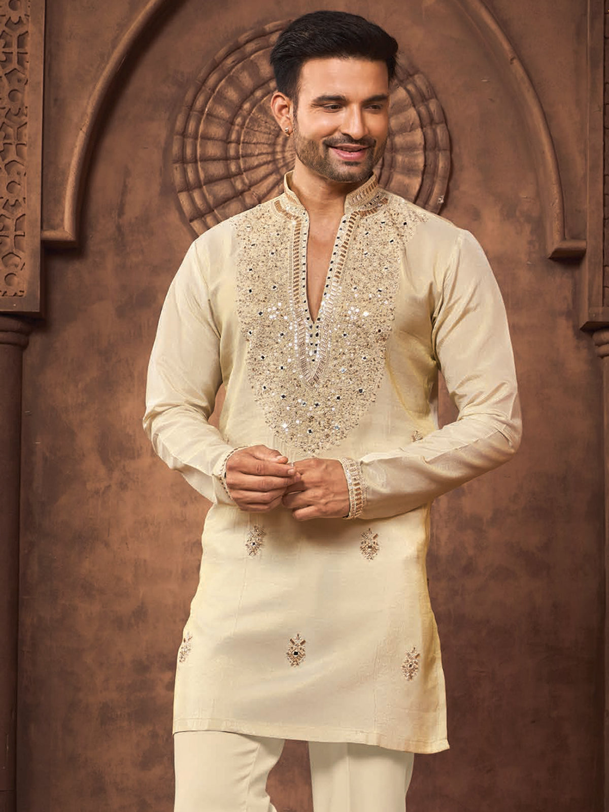 Cream Designer Embroidered Silk Kurta Set