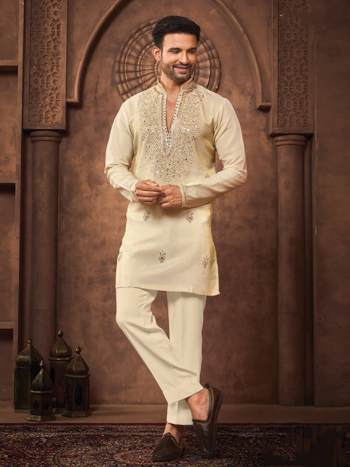 Cream Designer Embroidered Silk Kurta Set