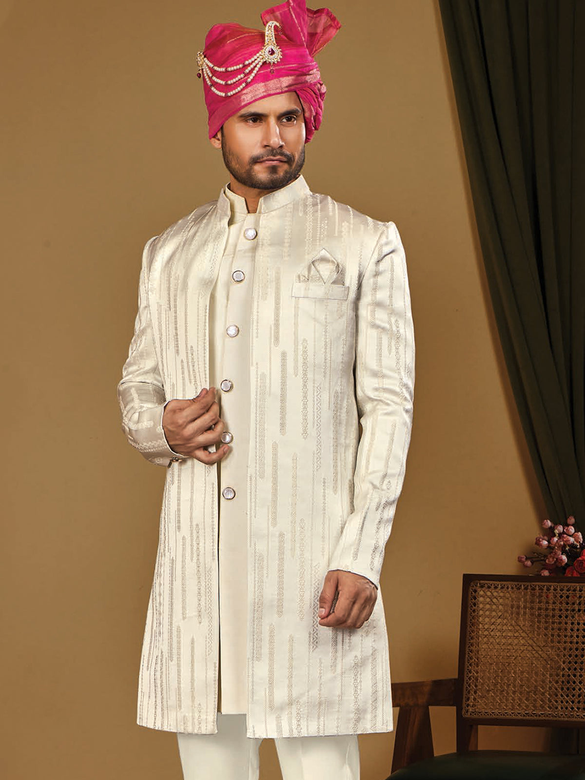 Ivory Silk Embroidered Indo Western Sherwani