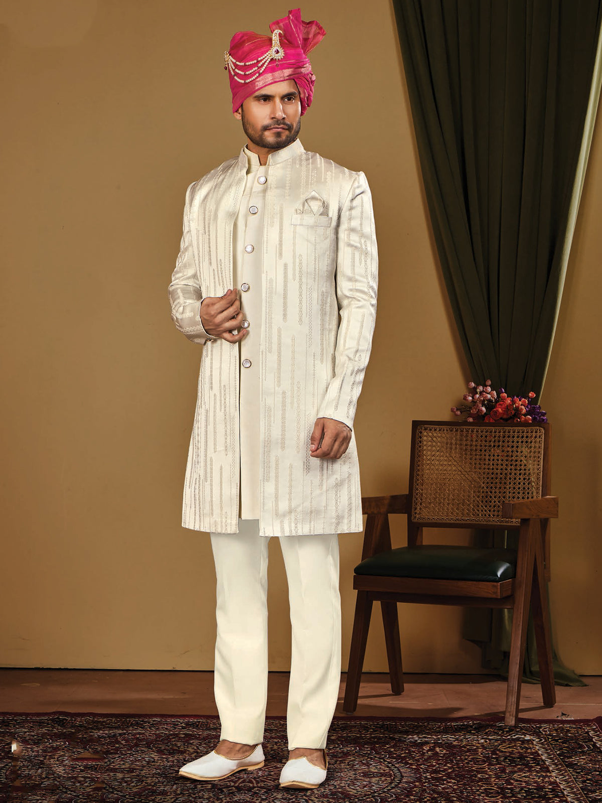 Ivory Silk Embroidered Indo Western Sherwani
