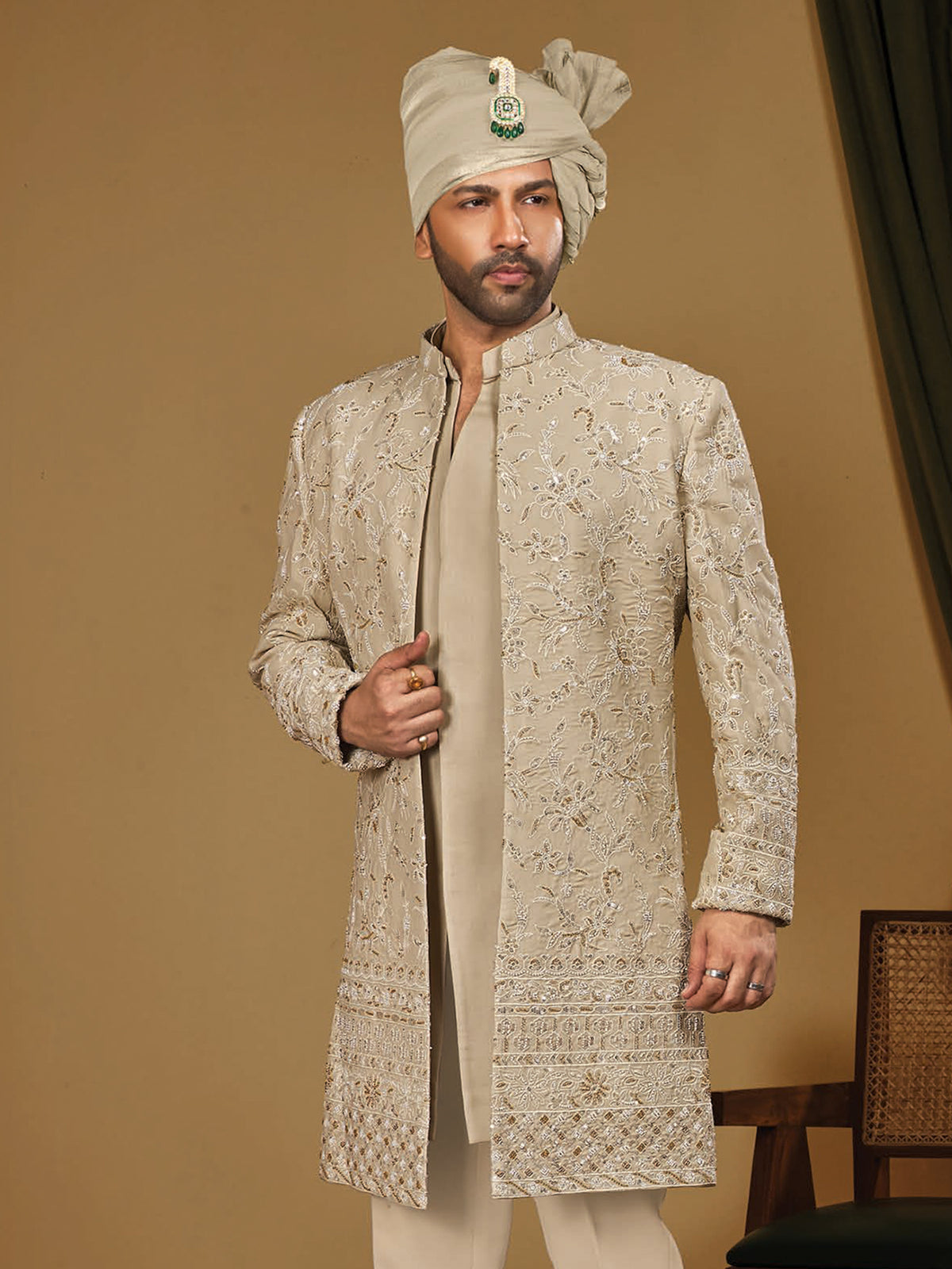 Beige Embroidered Indo Western