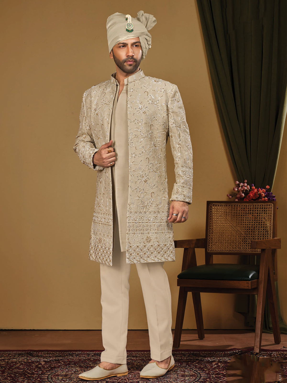 Beige Embroidered Indo Western