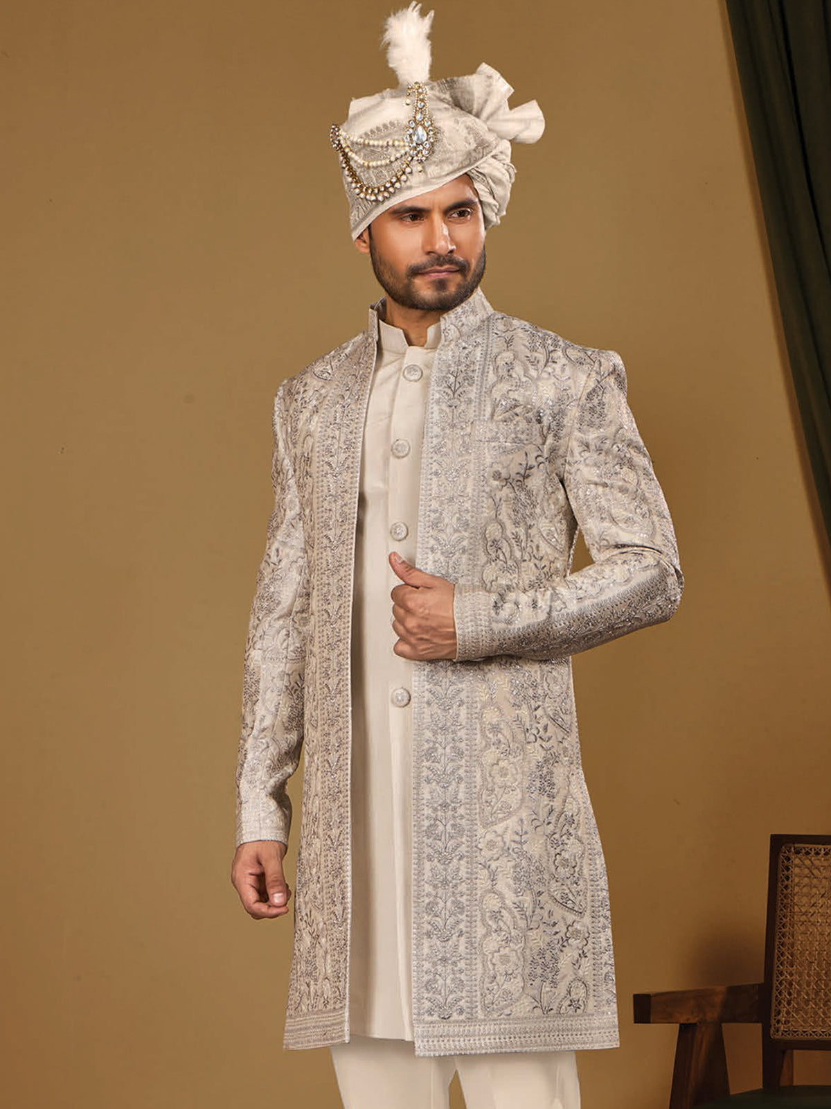 Ivory Silver Pattern Indo Western Outfit