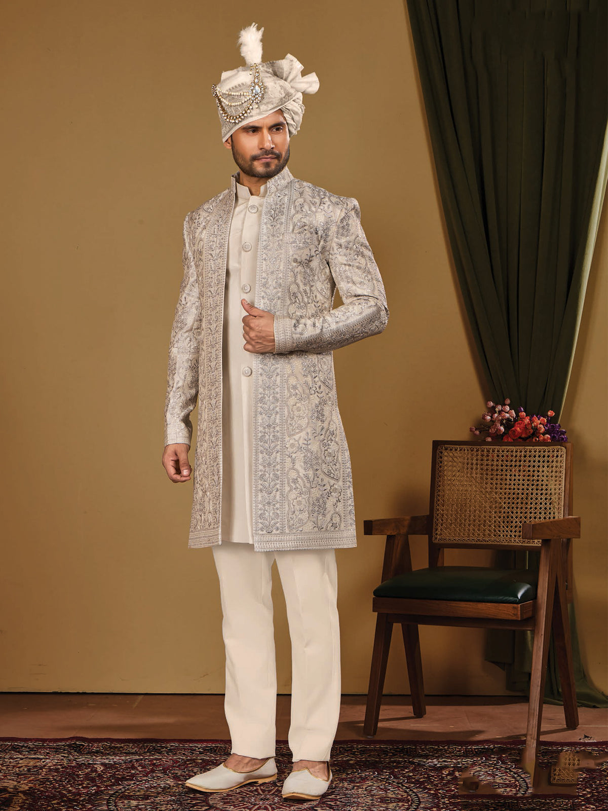 Ivory Silver Pattern Indo Western Outfit