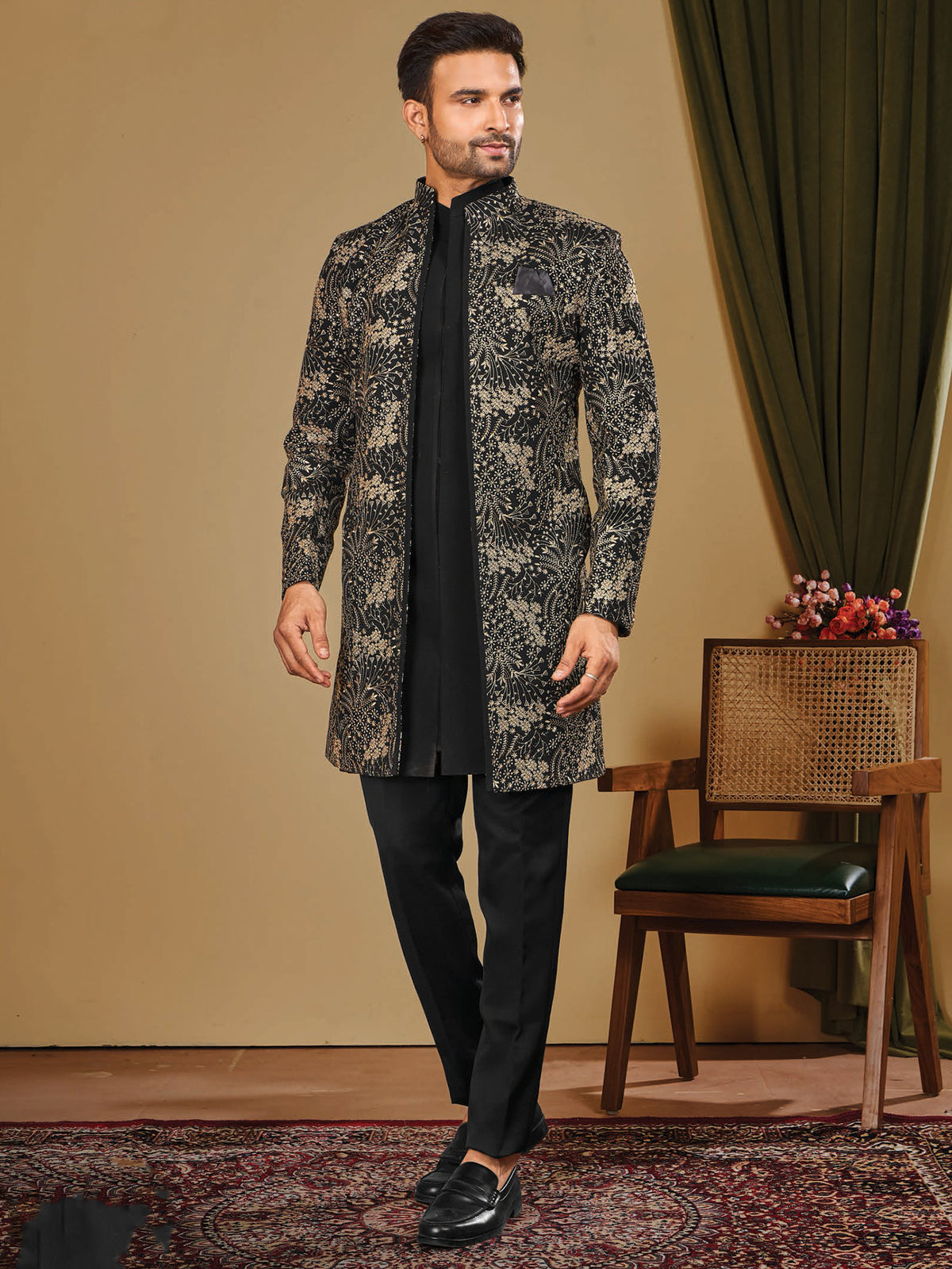 Black Floral Pattern Indo Western Outfit