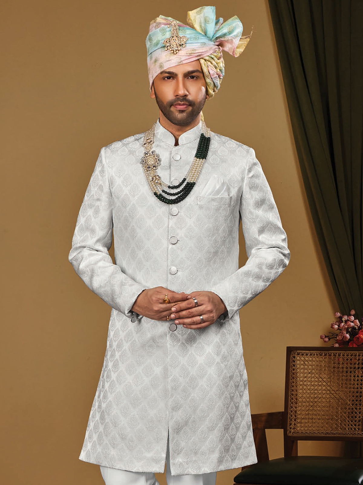 White Jacquard Indo Western Trouser Set