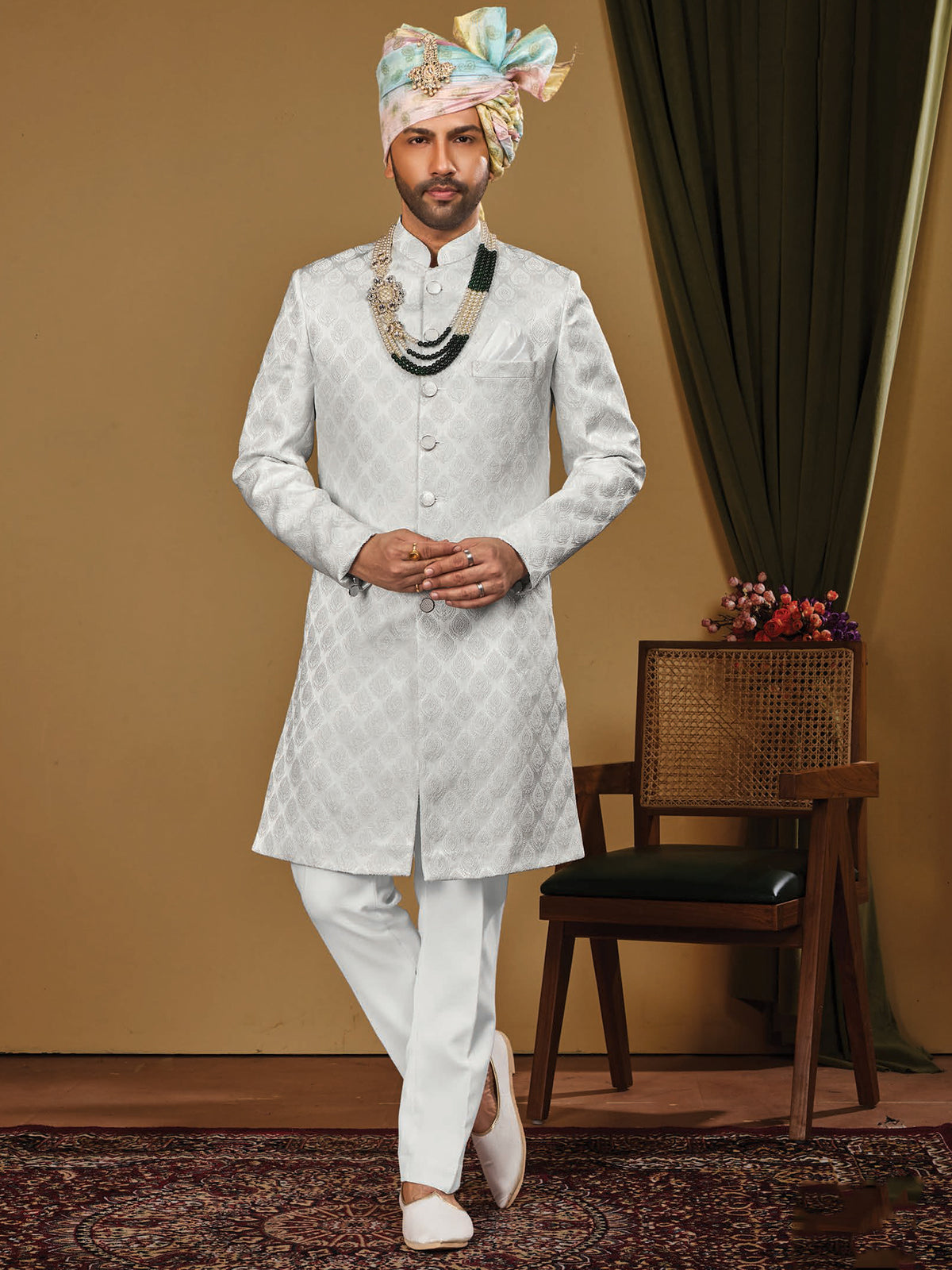White Jacquard Indo Western Trouser Set