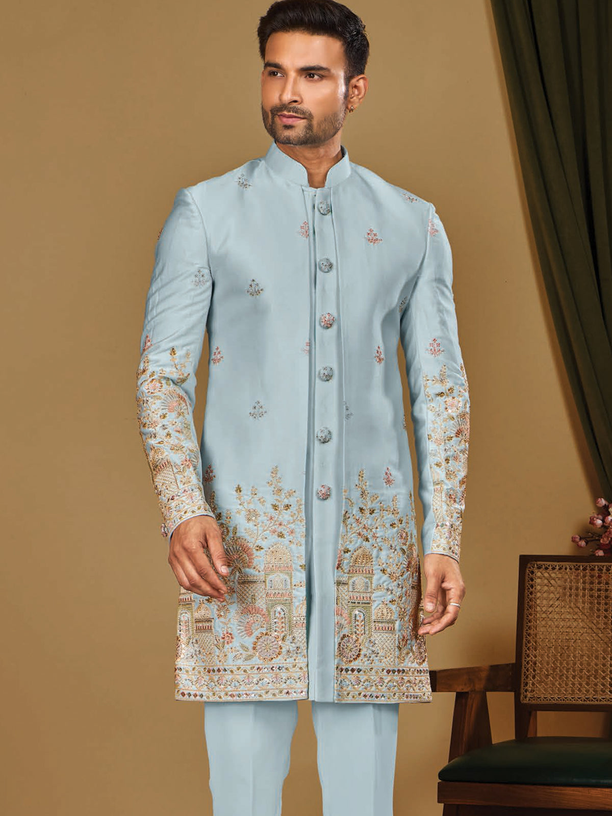 Sky Blue Embroidered Indo Western Set
