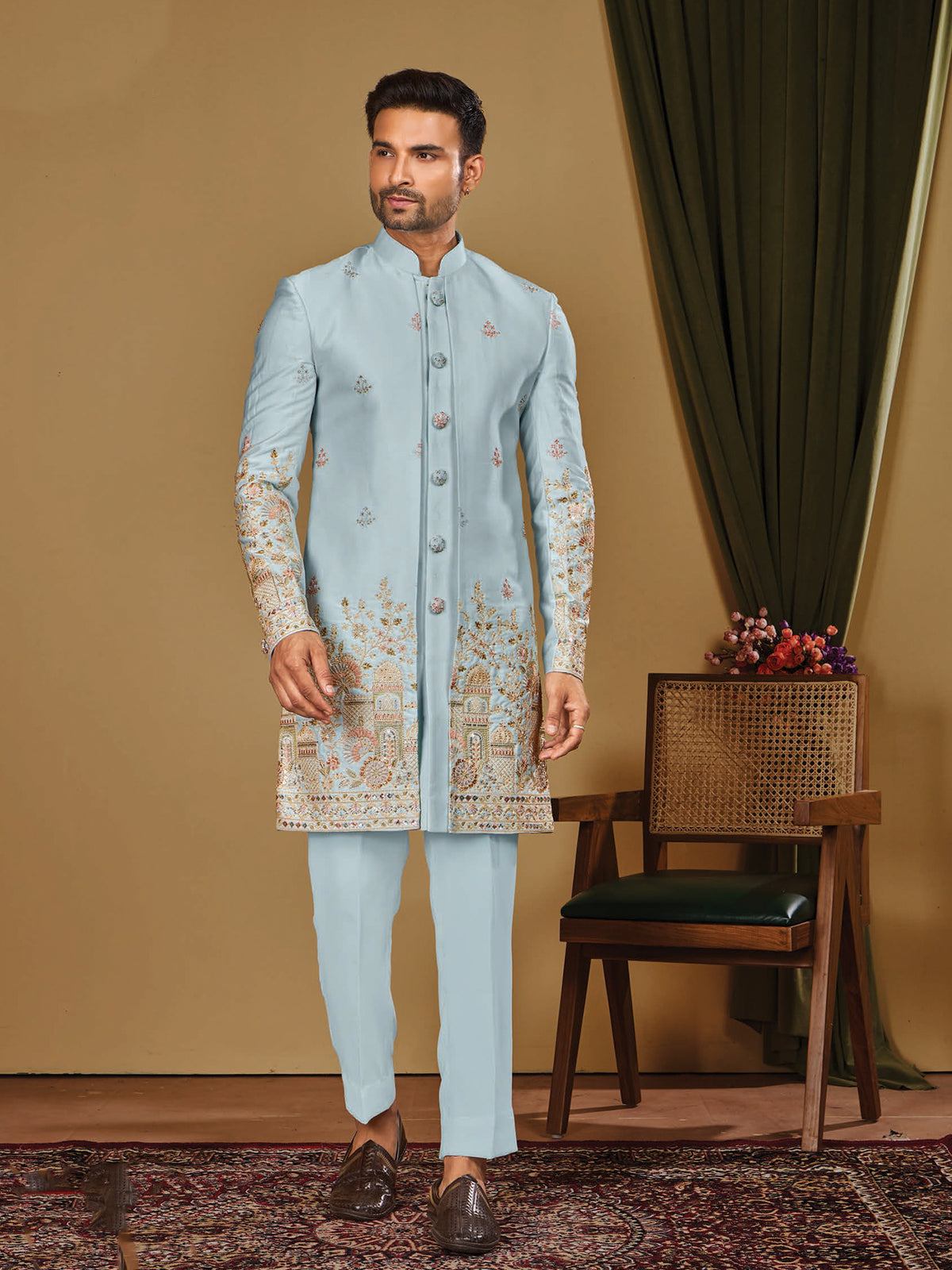 Sky Blue Embroidered Indo Western Set