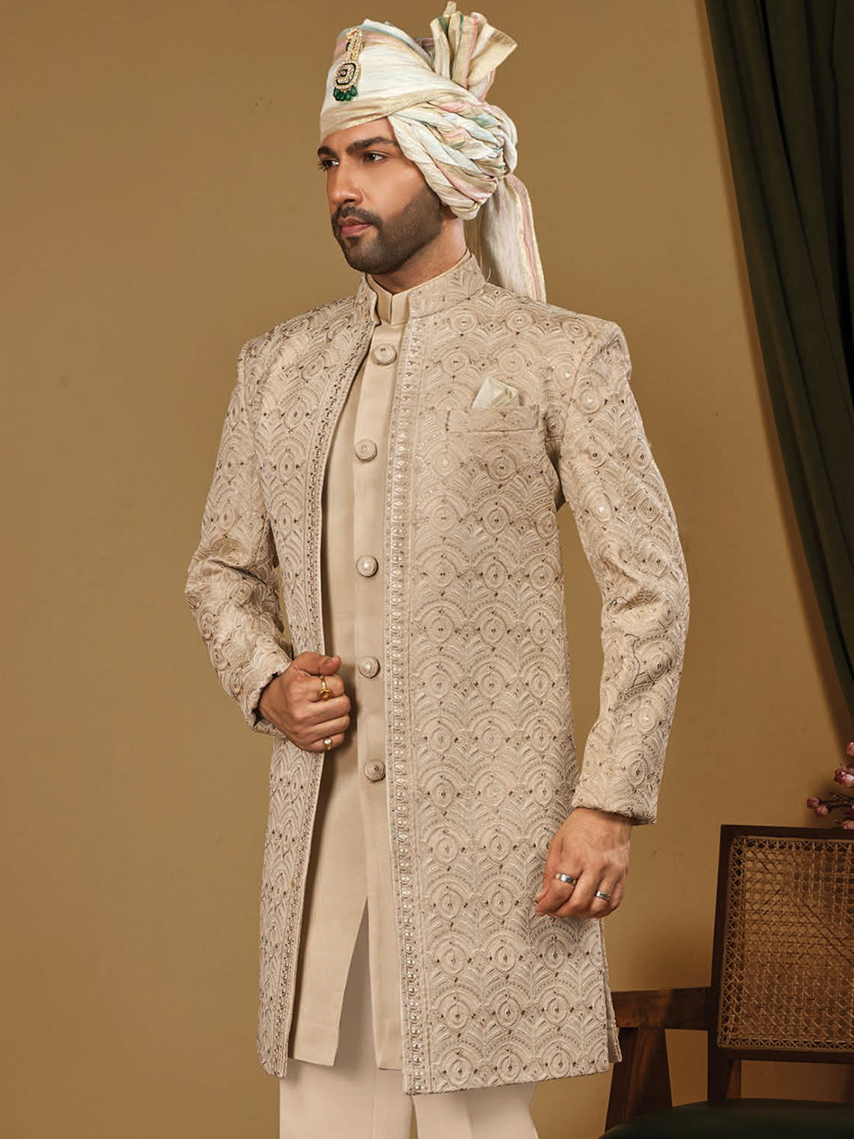 Beige Geometric Work Indo Western Wear