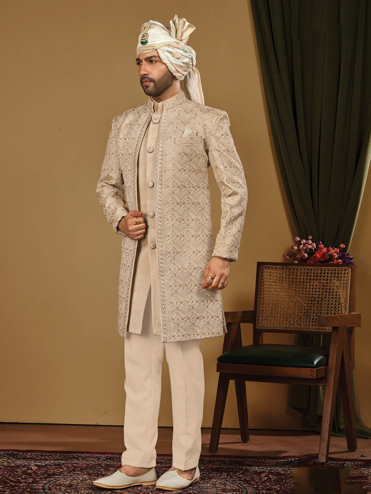 Beige Geometric Work Indo Western Wear