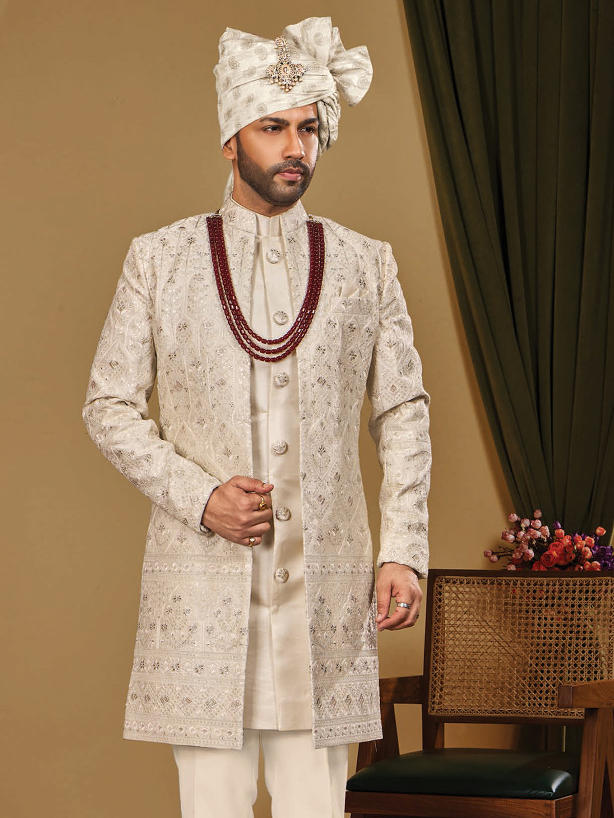 Ivory Textured Wedding Indo Western Wear