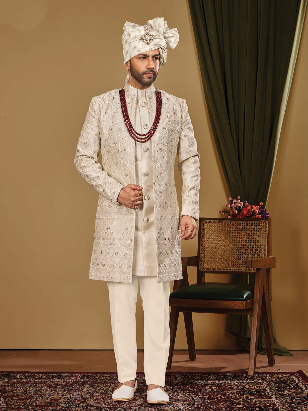 Ivory Textured Wedding Indo Western Wear
