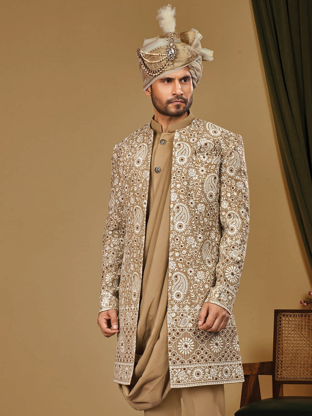 Beige Floral Pattern Indo Western Wear