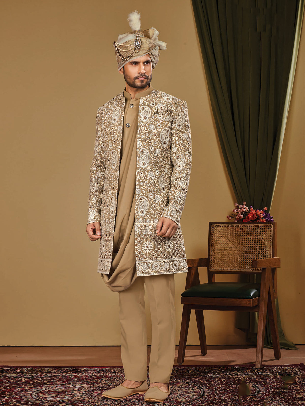 Beige Floral Pattern Indo Western Wear