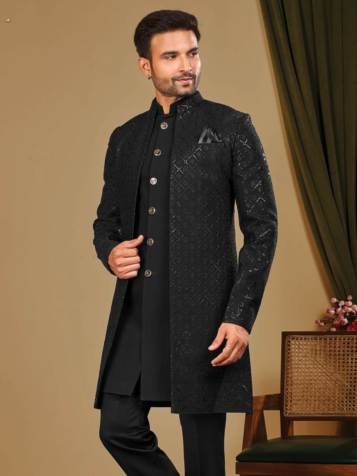 Black Textured Indo Western Trouser Outfit