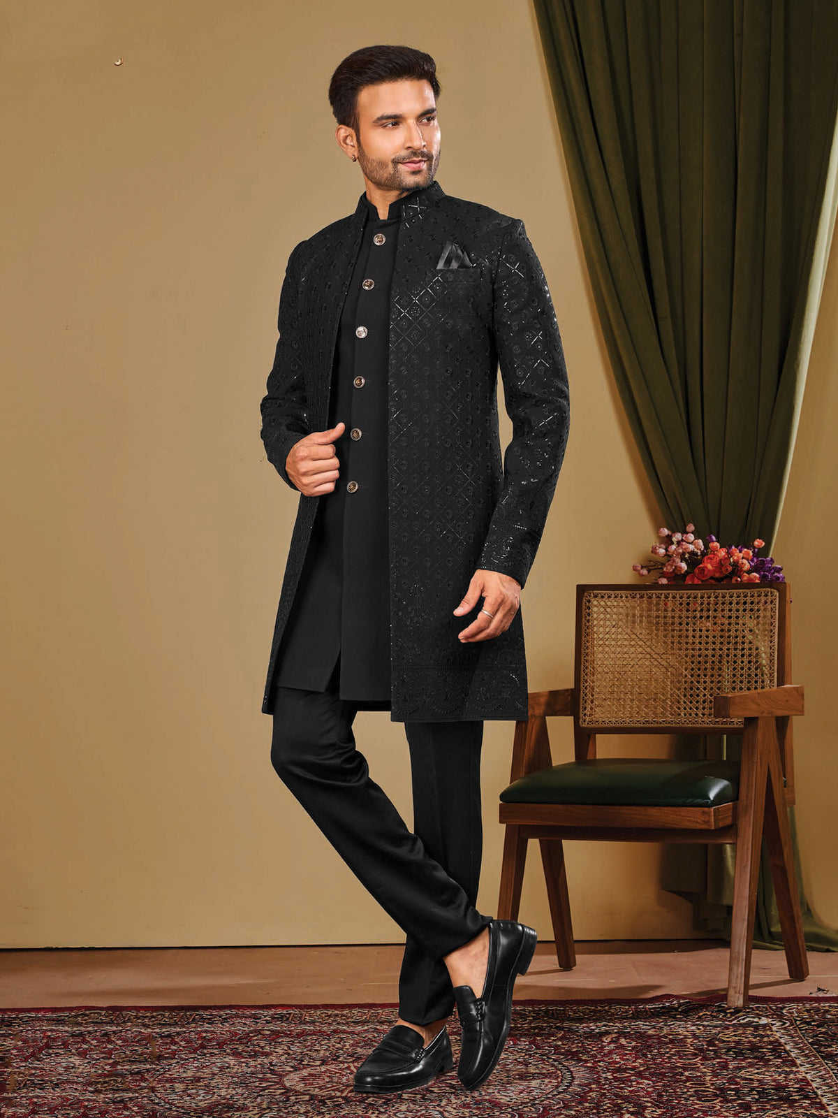 Black Textured Indo Western Trouser Outfit
