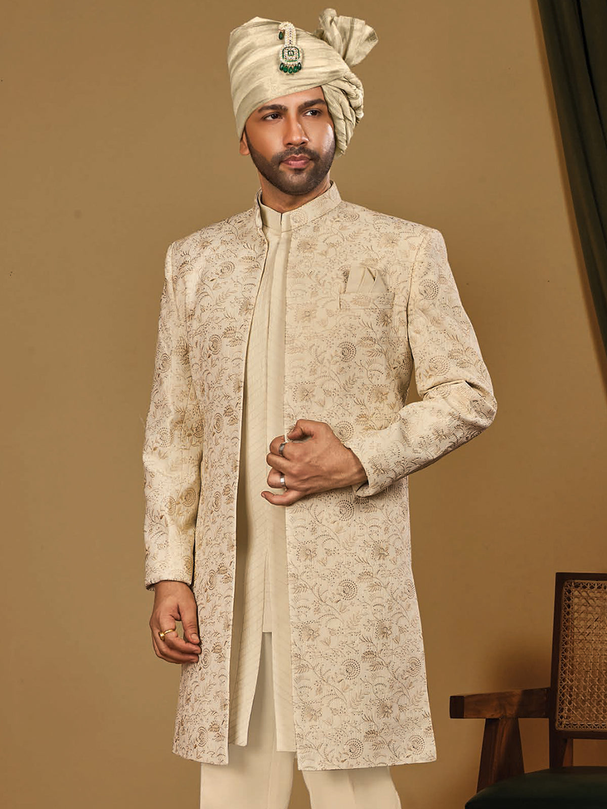 Cream Textured Indo Western Trouser Set