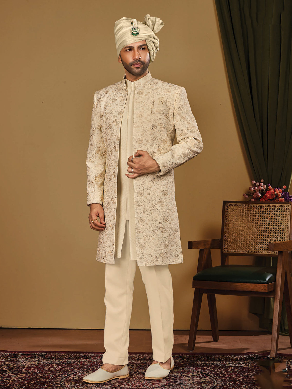 Cream Textured Indo Western Trouser Set