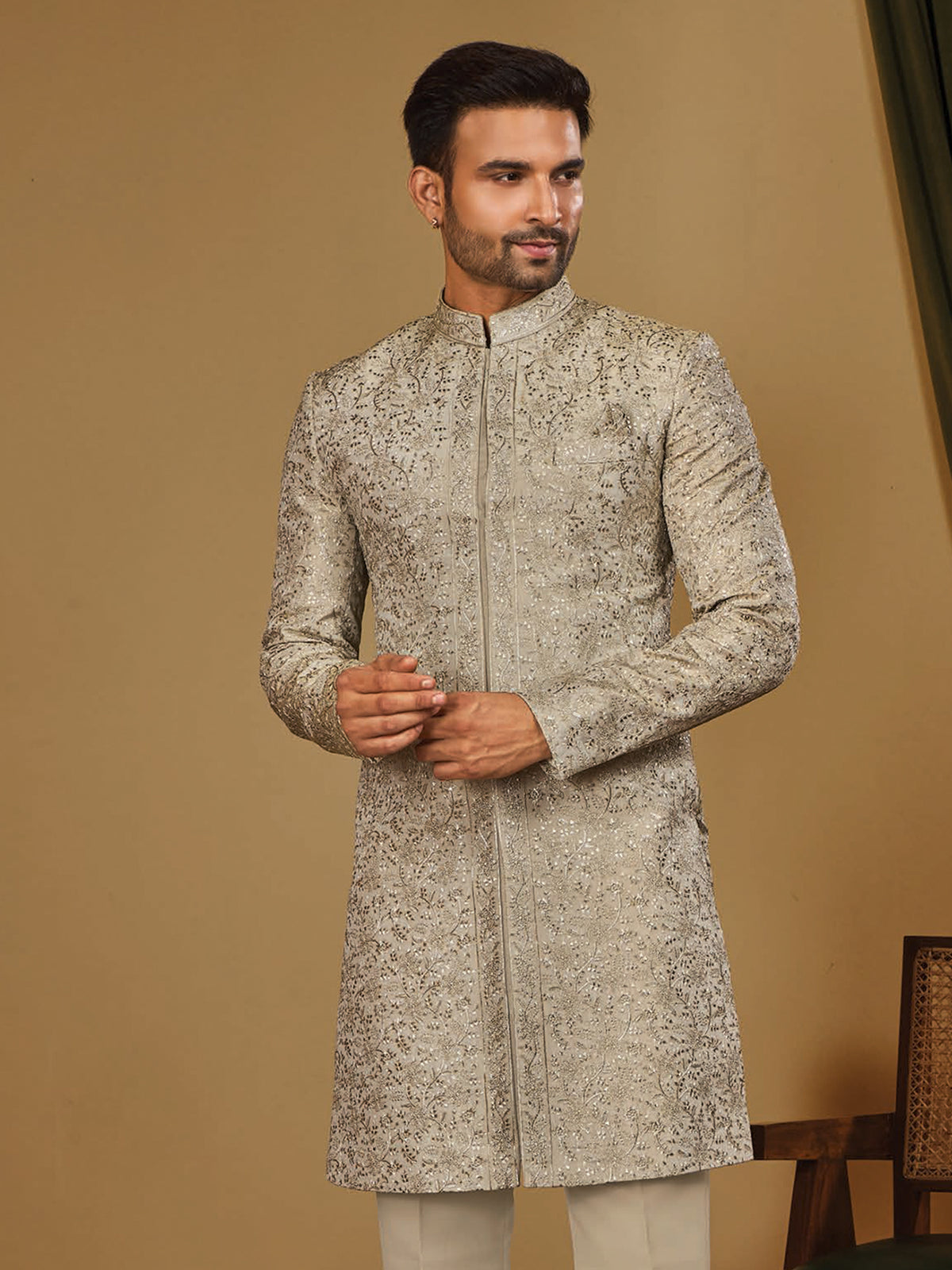 Beige Shimmer Threadwork Indo Western Wear