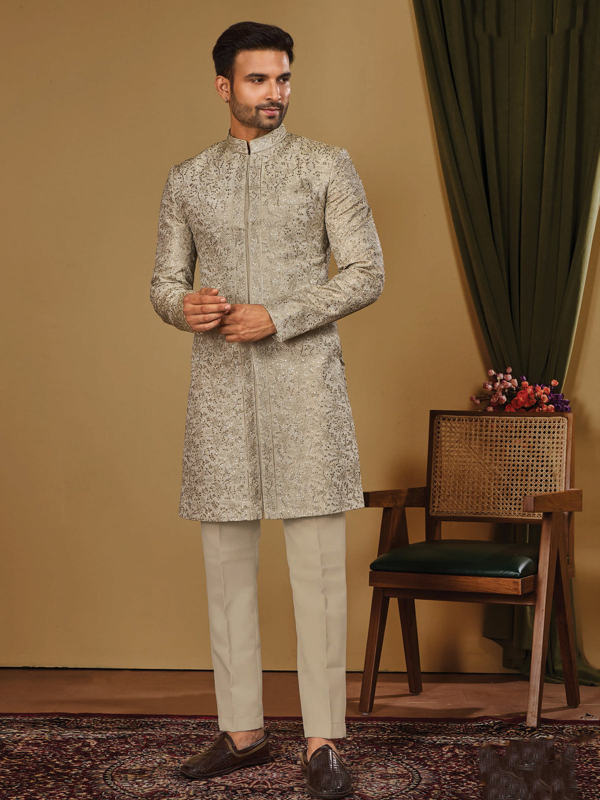Beige Shimmer Threadwork Indo Western Wear