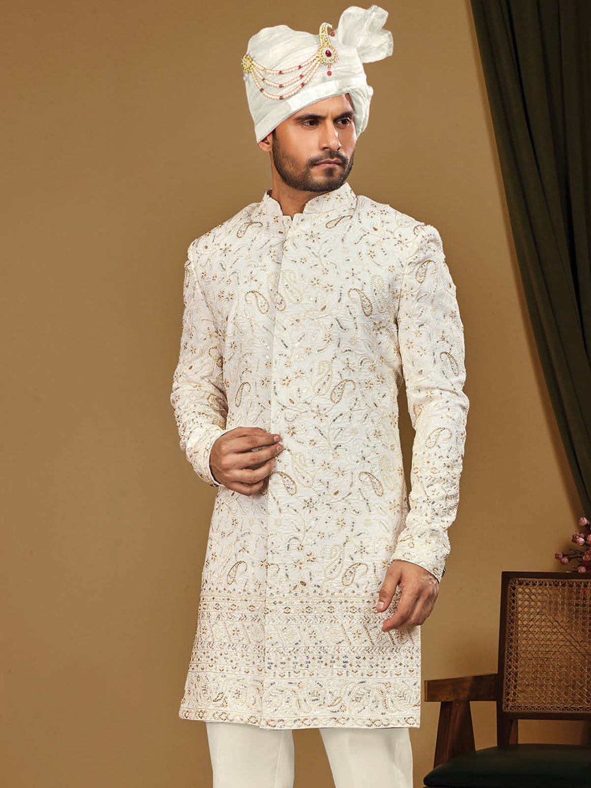 Ivory Paisley Embroidered Indo Western Set