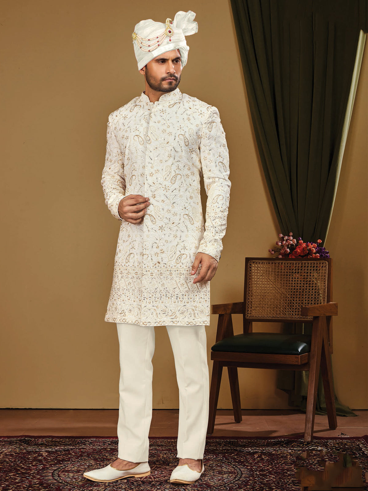 Ivory Paisley Embroidered Indo Western Set