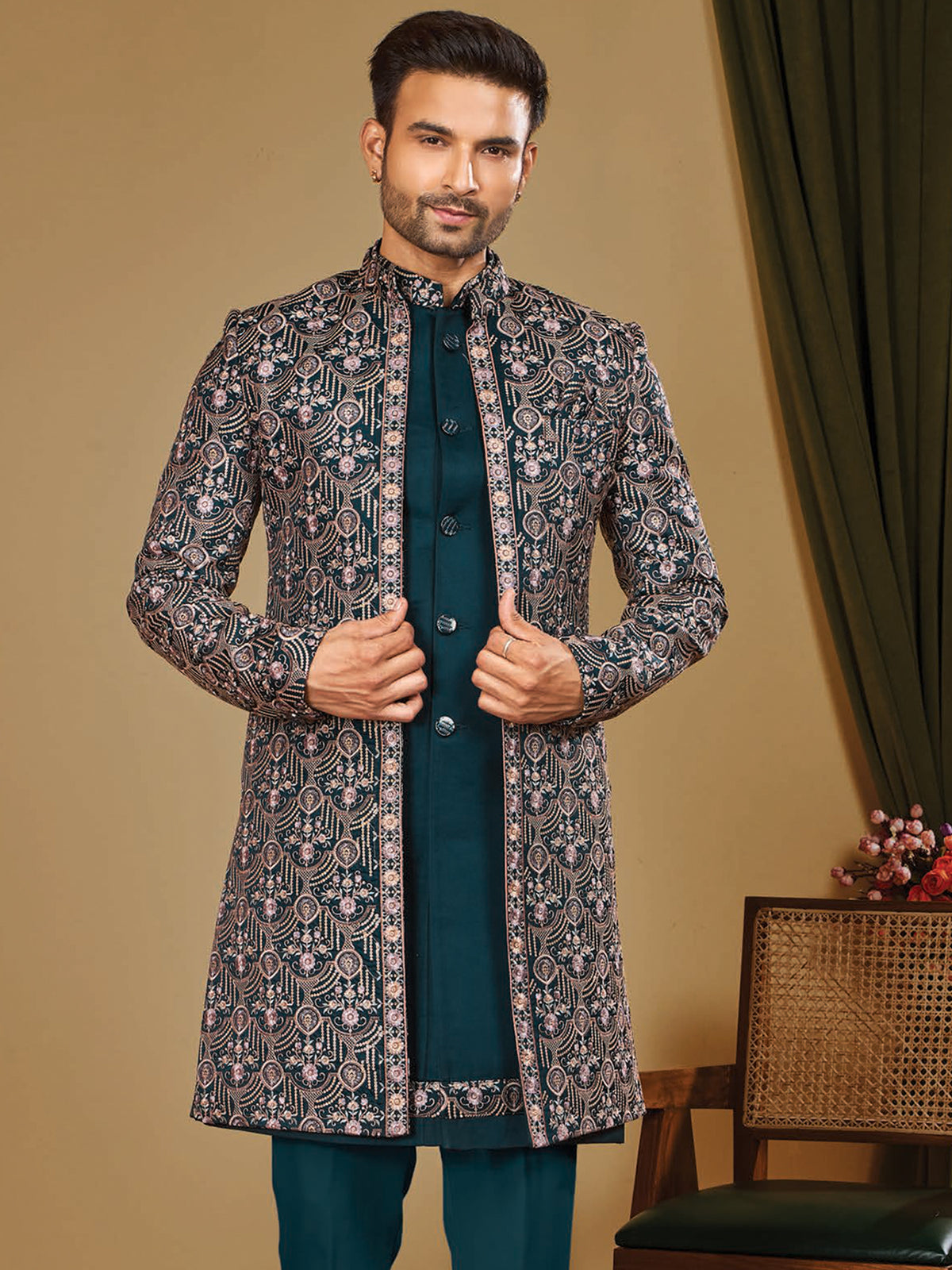 Teal Paisley Indo Western Wear