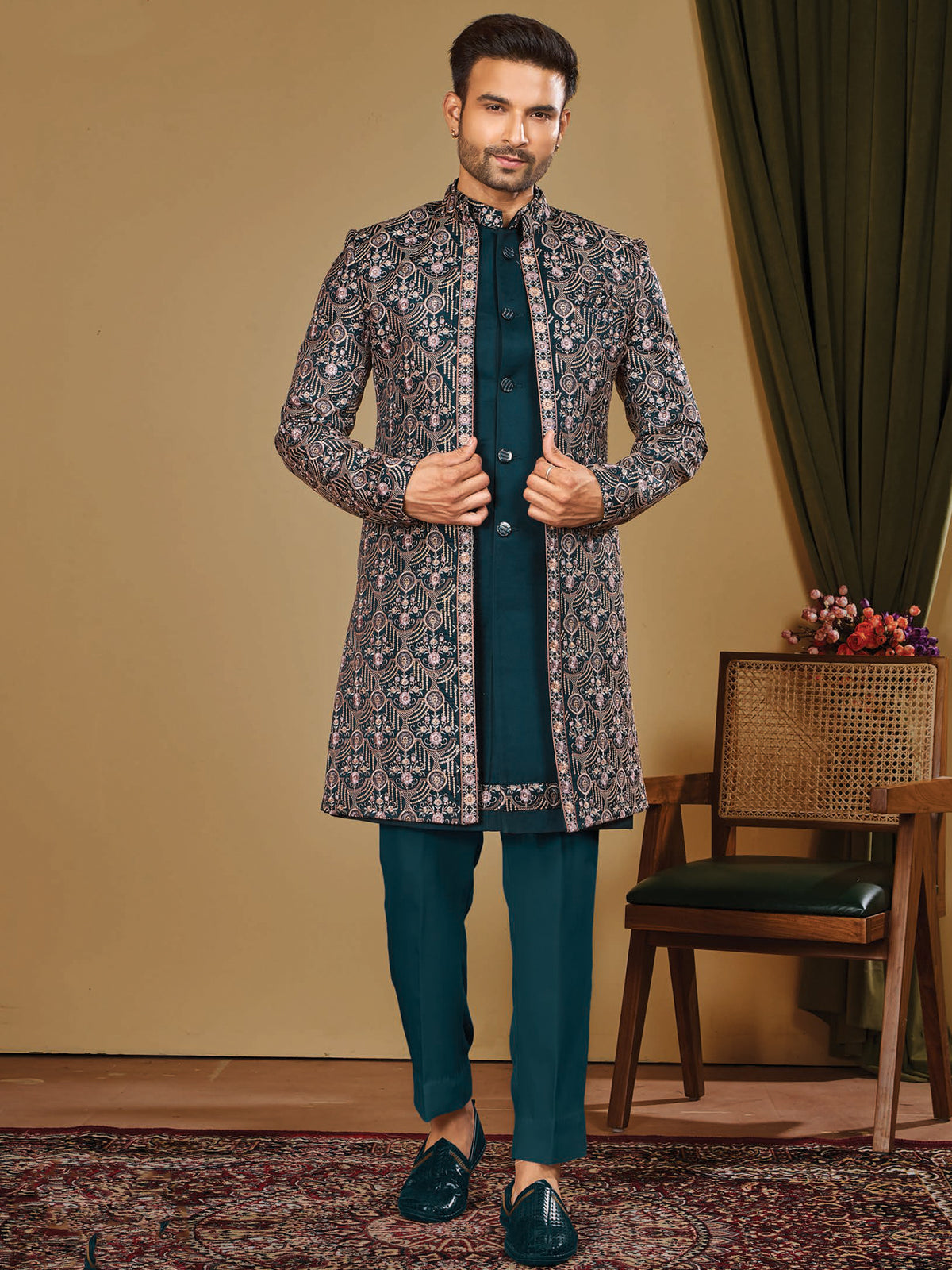 Teal Paisley Indo Western Wear