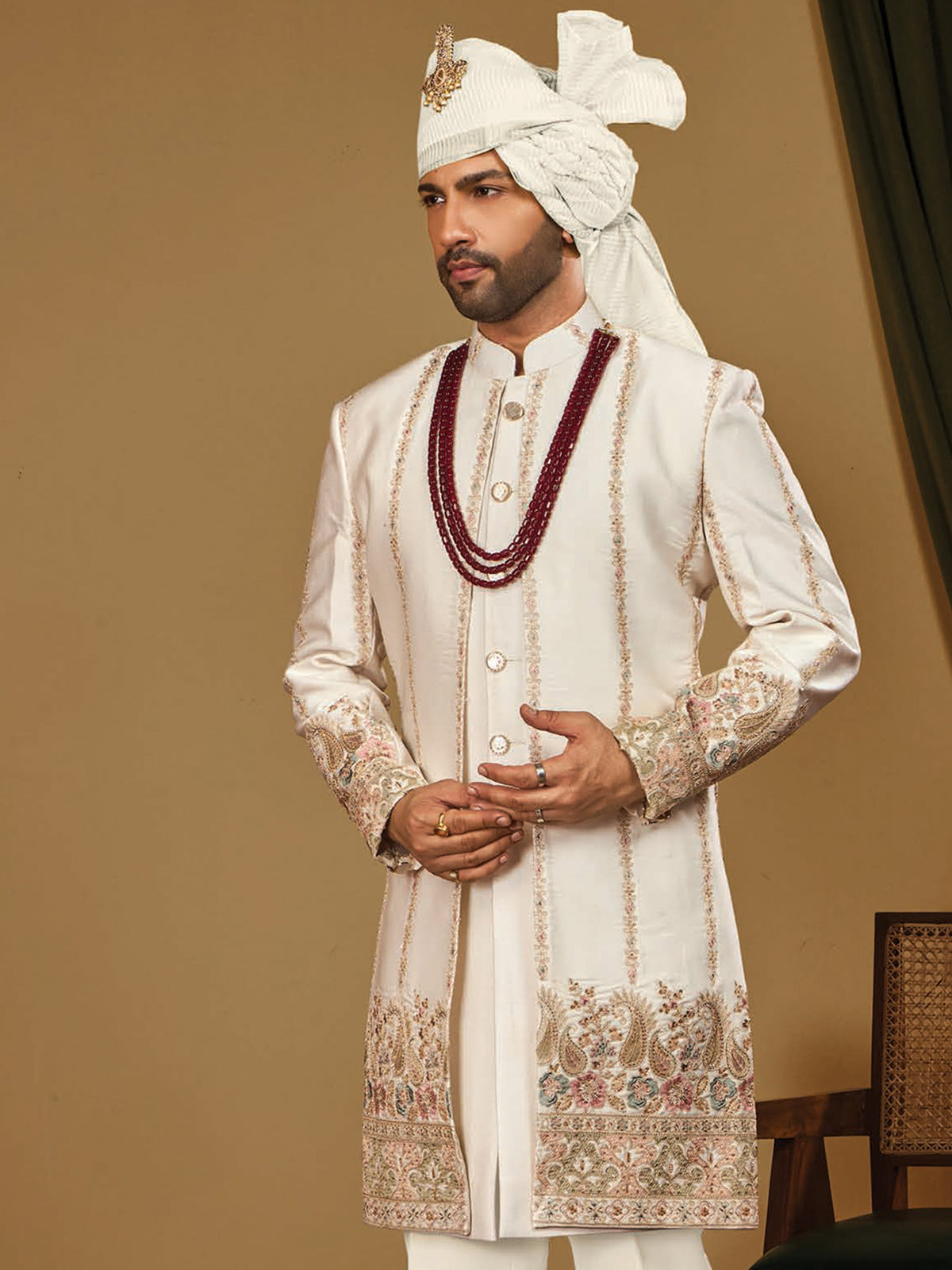 Ivory Vertical Threadwork Indo Western Wear
