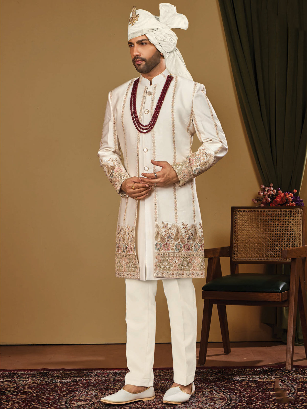 Ivory Vertical Threadwork Indo Western Wear