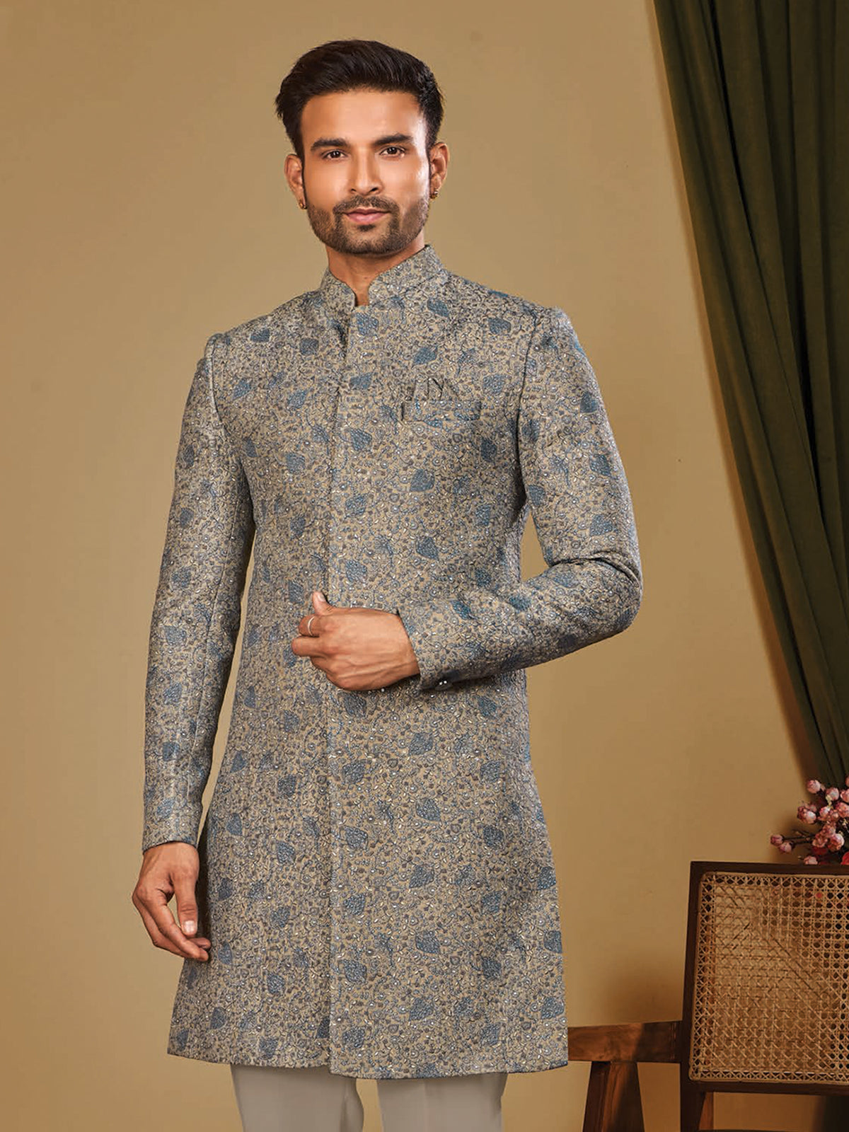 Grey Blue Printed Indo Western Set