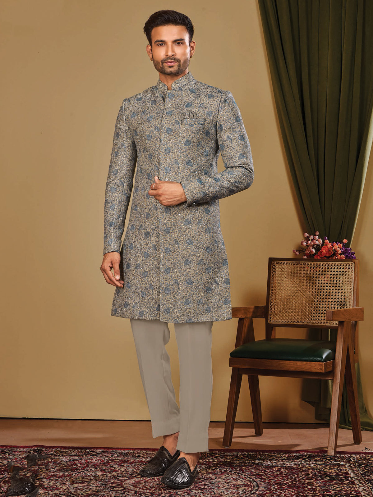 Grey Blue Printed Indo Western Set