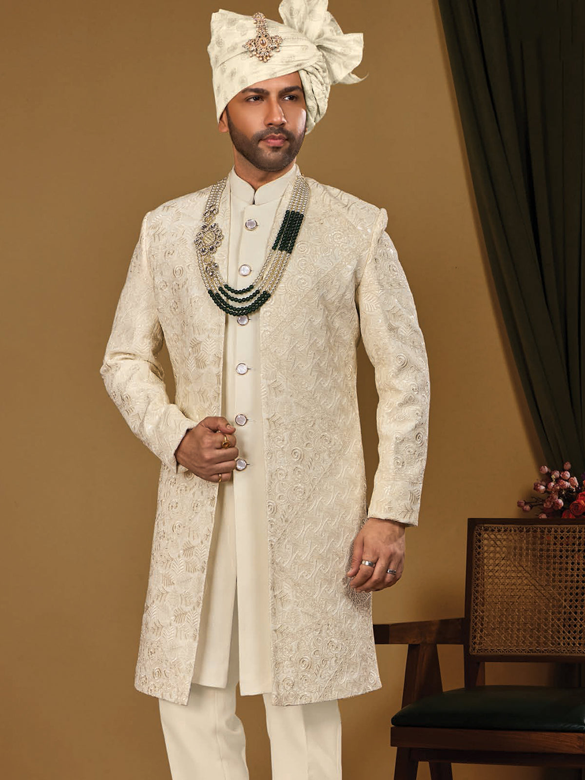 Cream Textured Indo Western Suit