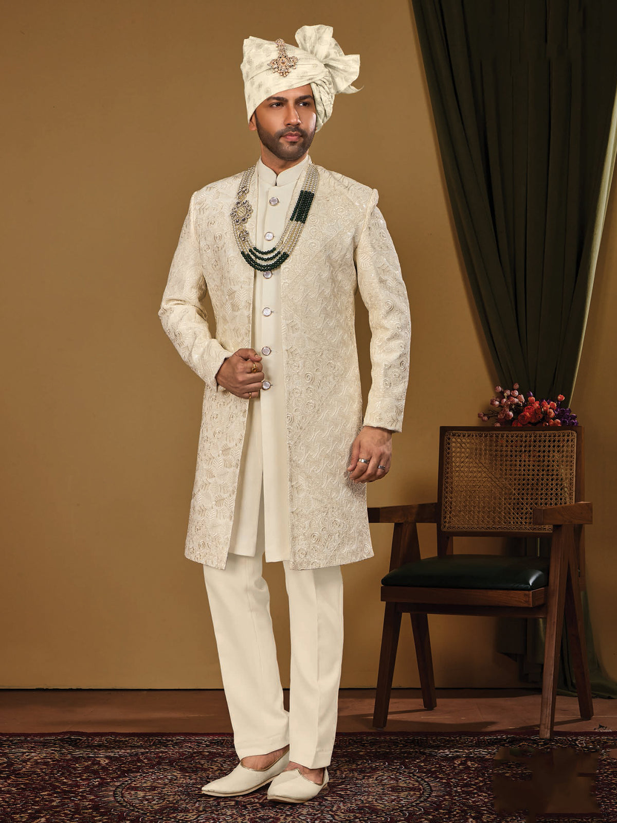 Cream Textured Indo Western Suit
