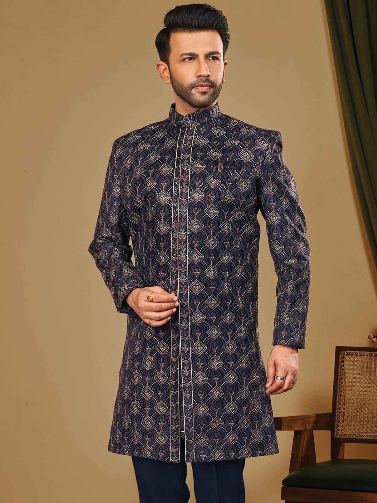 Navy Blue Patterned Festive Indo Western Set